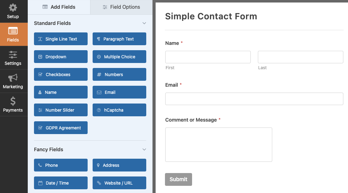 Formularul simplu de contact WPForms