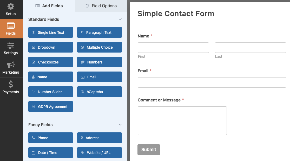 WPForms 간단한 문의 양식