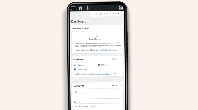 พื้นที่ผู้ดูแลระบบ WordPress ในเบราว์เซอร์มือถือ WordPress admin area in a mobile browser