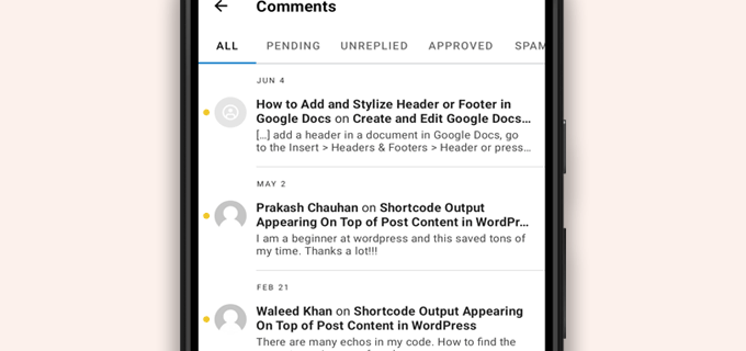 รายการความคิดเห็นในแอป WordPress Comments list in WordPress app