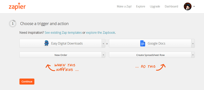 Exemplu de utilizare a Zapier cu descărcări digitale ușoare Example of Using Zapier With Easy Digital Downloads