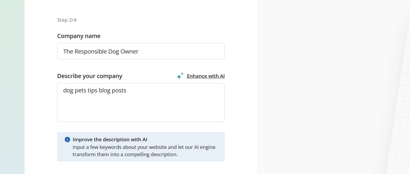 10Web AI Builder cere utilizatorului să introducă numele companiei și o descriere a companiei.