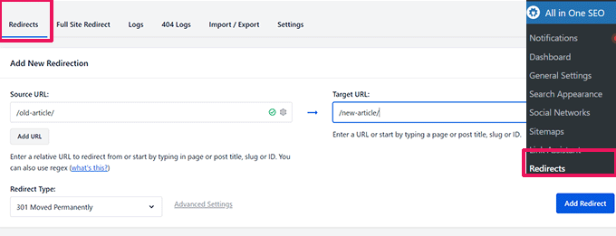 Richten Sie Weiterleitungen in AIOSEO ein Setup redirects in AIOSEO