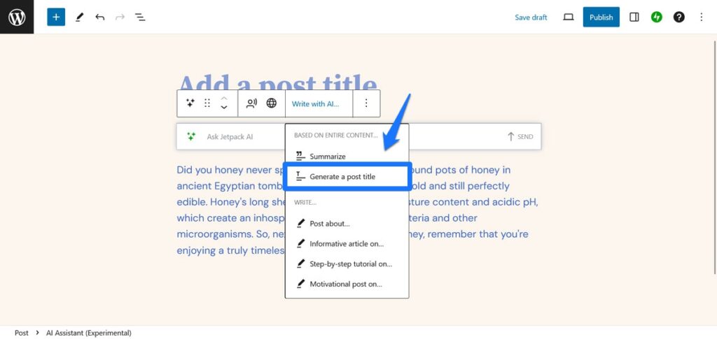 gerar um título de postagem com o jetpack ai assistant