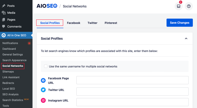 Настройки профиля AIOSEO в социальных сетях AIOSEO's Social Profile Settings