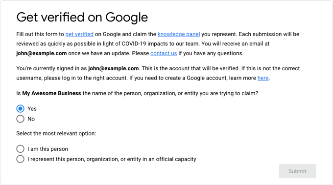Страница «Пройти проверку в Google» The 'Get Verified on Google' Page
