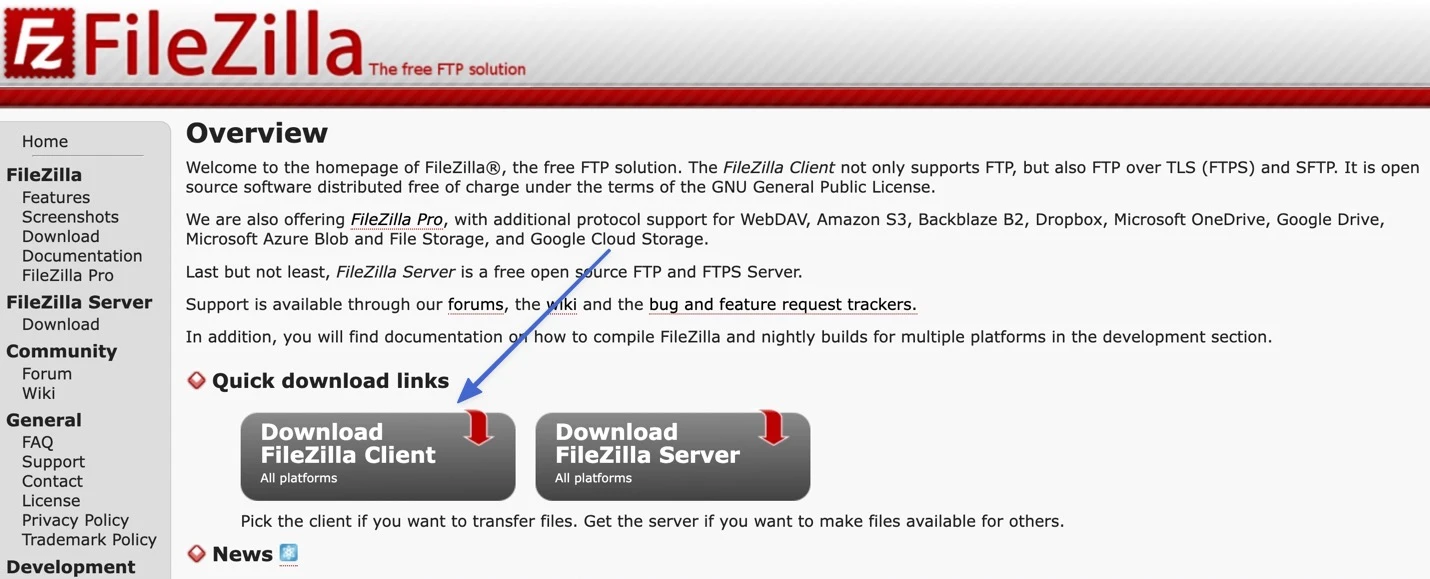 El botón de descarga de FileZilla