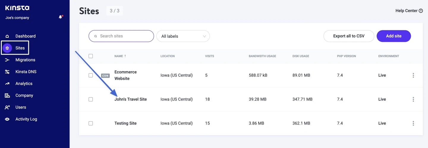 ejemplo de ir a un sitio en kinsta