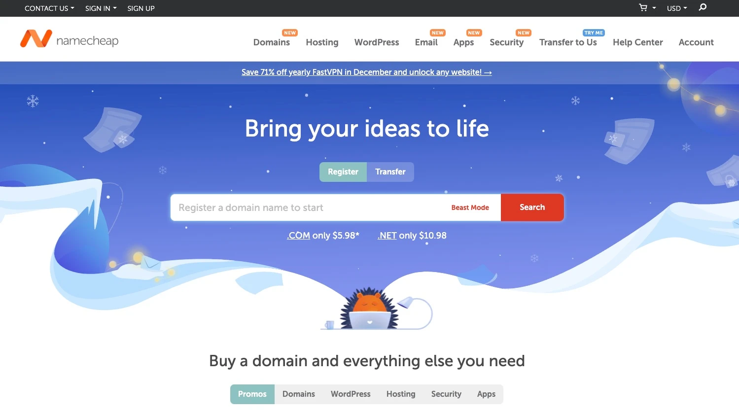 La página de alojamiento web de Namecheap.