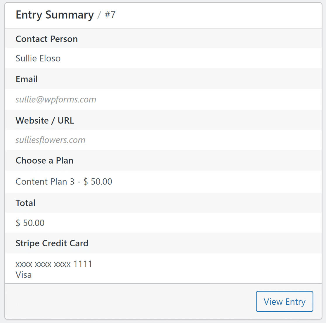 Entry summary section in individual payment page