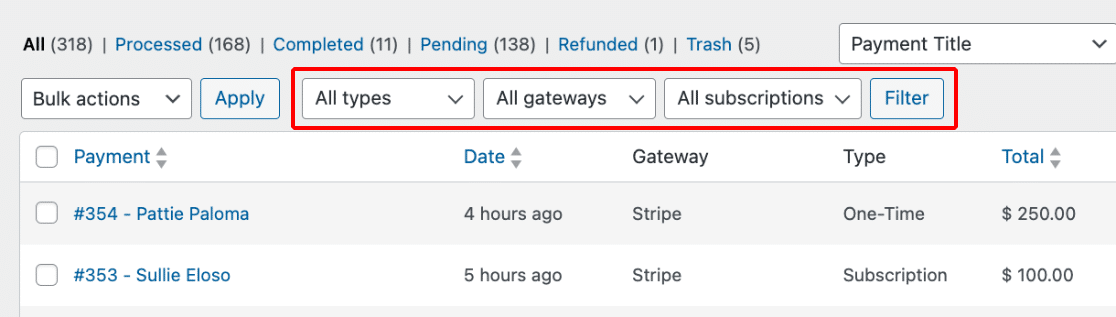 WPForms payment filter options