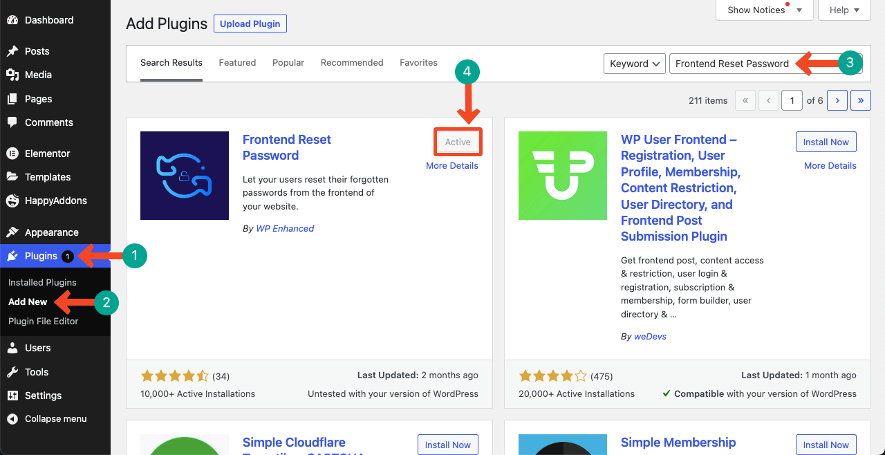 Elementor 24 を使用して WordPress にログイン ページを作成する方法 Install and activate the Frontend Reset Password plugin