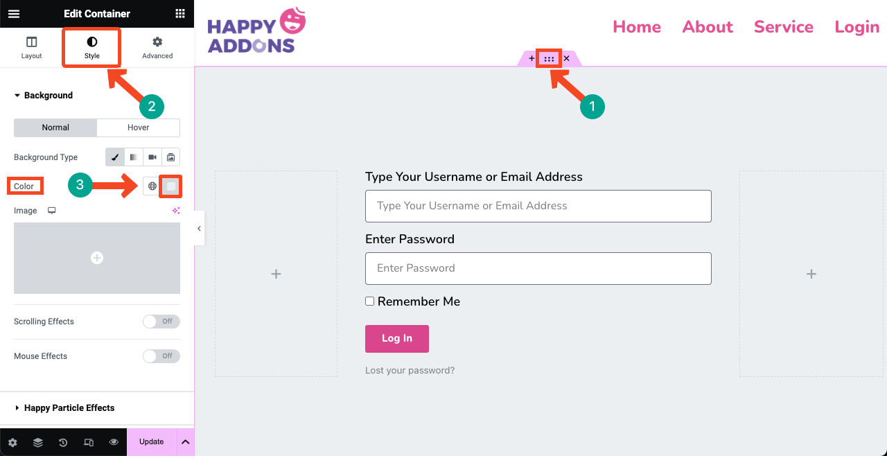 Elementor 18 を使用して WordPress にログイン ページを作成する方法 Add background color to the Login form