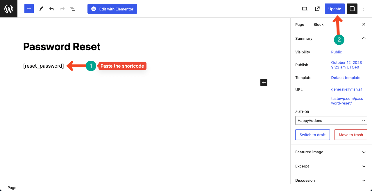 Elementor 27 を使用して WordPress にログイン ページを作成する方法 Paste the shortcode on the Password Reset page