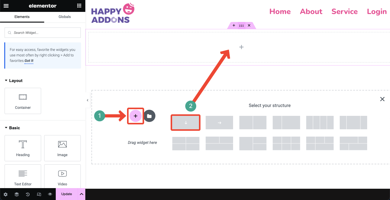 Elementor 4 を使用して WordPress にログイン ページを作成する方法 Select a structure for placing widget