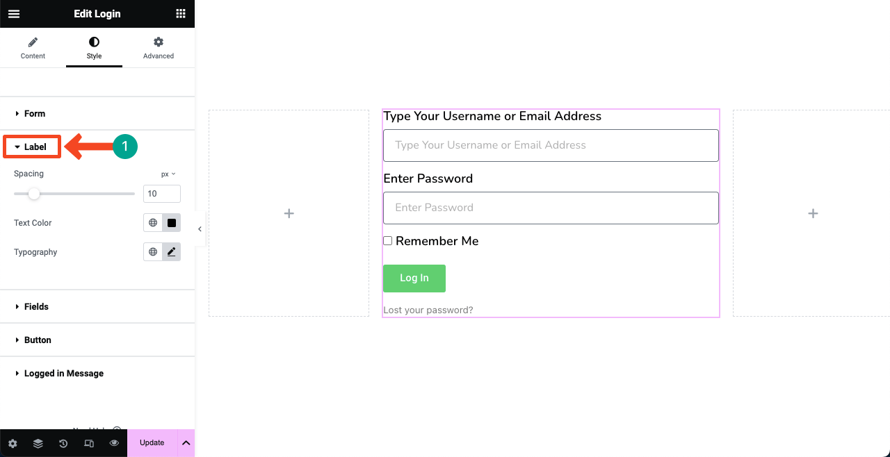 Elementor 15 を使用して WordPress にログイン ページを作成する方法 Custom the label spacing and typography