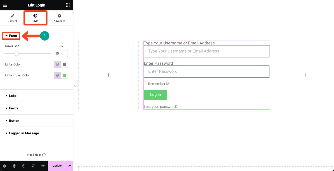 Elementor 14 を使用して WordPress にログイン ページを作成する方法 Add space between the form boxes