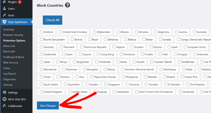 บันทึกการเปลี่ยนแปลงในปลั๊กอิน Stop Spammers Save changes in Stop Spammers plugin