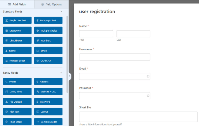 แบบฟอร์มลงทะเบียนผู้ใช้ในตัวสร้างแบบฟอร์ม WPForms User registration form in WPForms form builder
