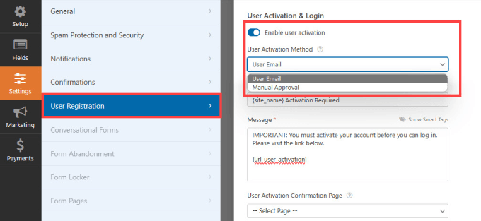 เปิดใช้งานการเปิดใช้งานผู้ใช้ใน WPForms Enable user activation in WPForms