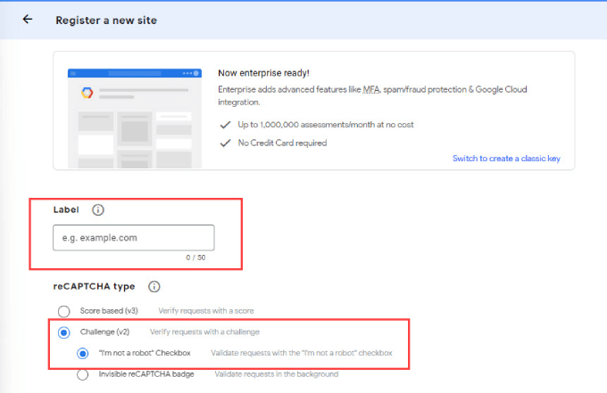 ลงทะเบียน reCaptcha ใหม่ Register a new reCaptcha