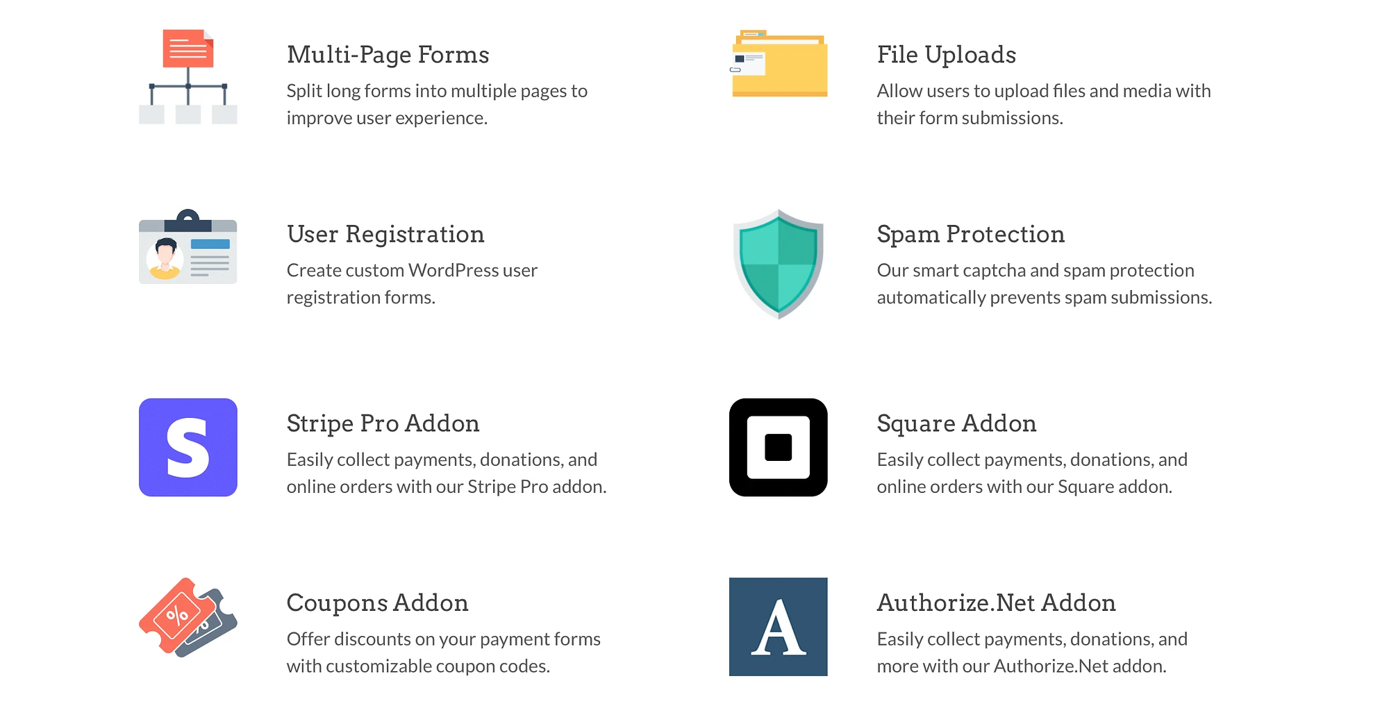 Stripe, Square, Authorize.net ve daha fazlasına yönelik seçenekleri gösteren WPForms pazarlama entegrasyonları.