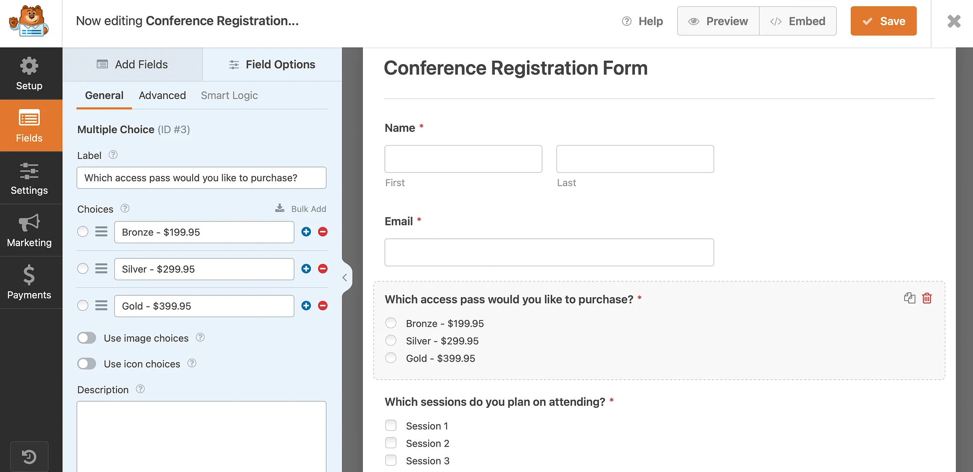 WPForms form oluşturucuda bir formu özelleştirme.
