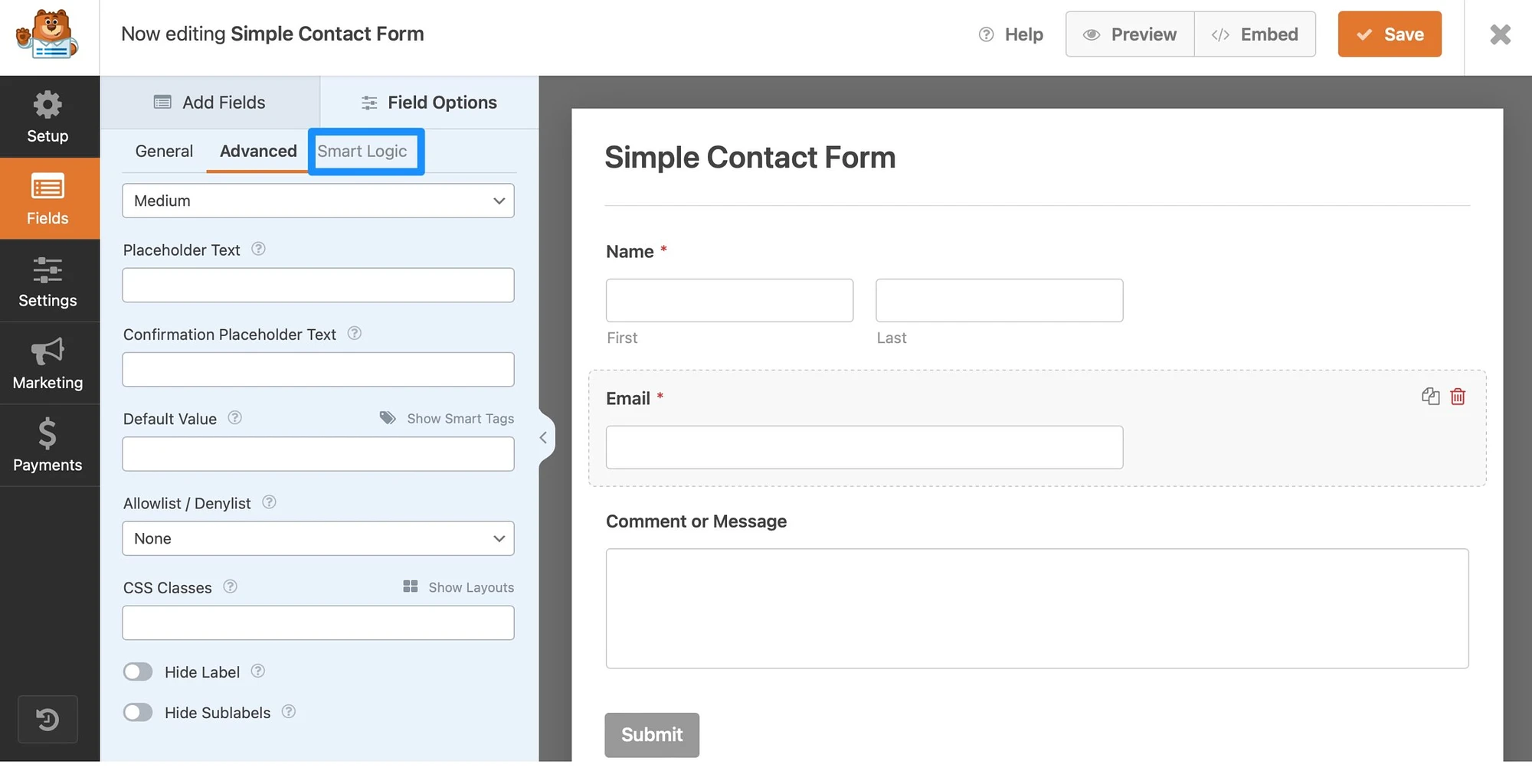 WPForms form oluşturucuda koşullu mantığı ayarlama.