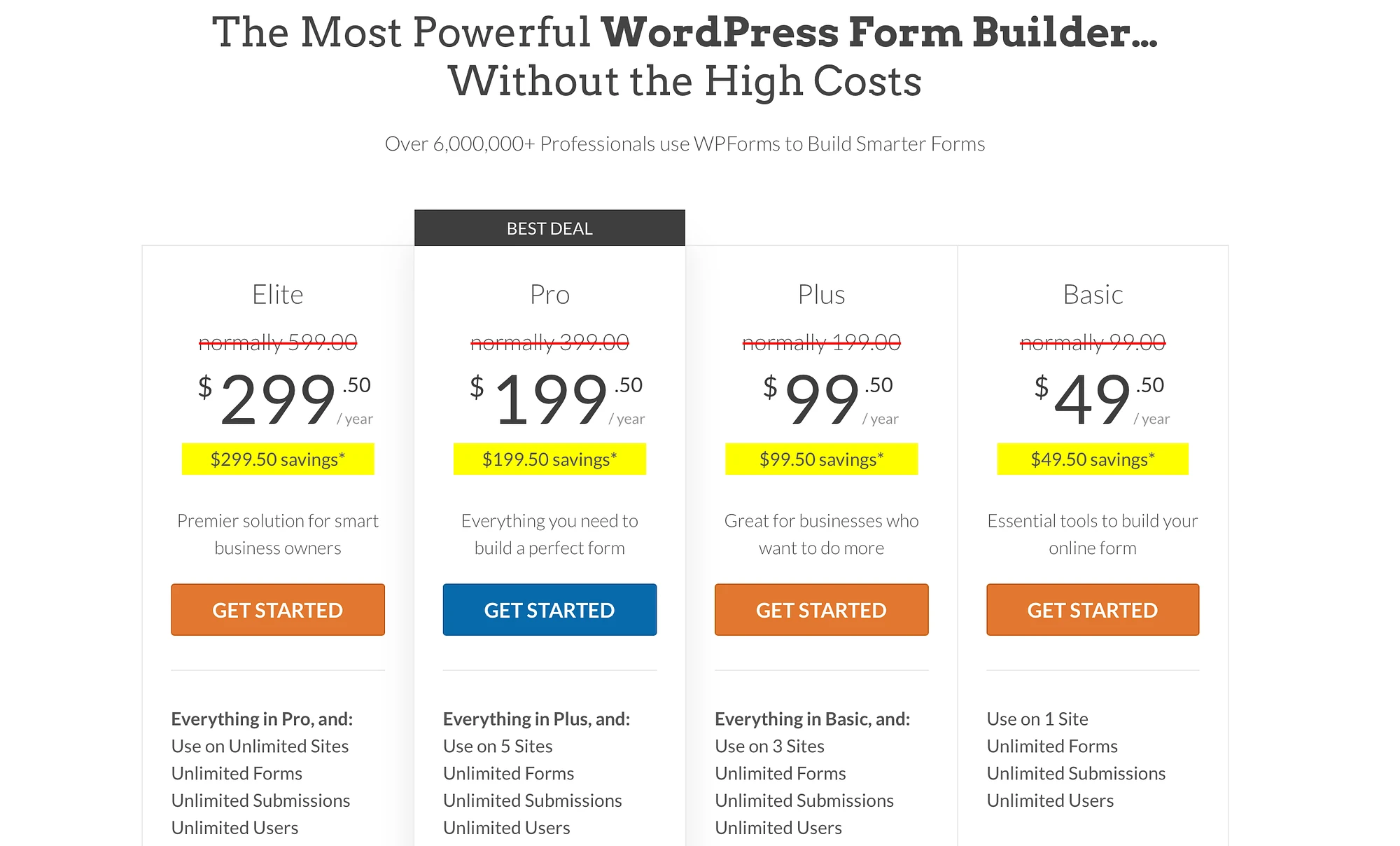 WPForms fiyatlandırma planları.