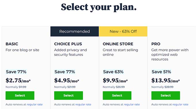 Bluehost Fiyatlandırma sayfası Bluehost Pricing page