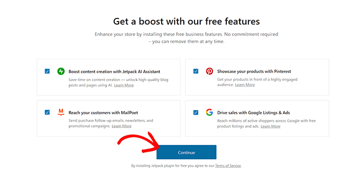 Ücretsiz özellikleri seçin ve Devam'a tıklayın Select free features and click Continue