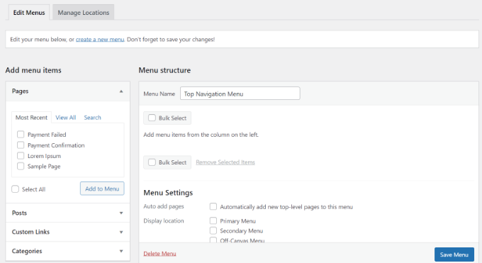 WordPress menü ayarları The WordPress menu settings