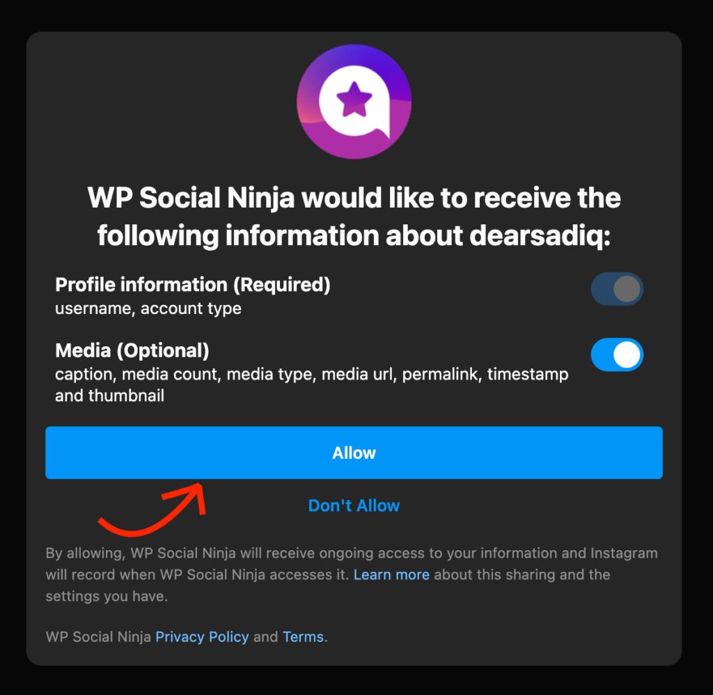 Добавить ленту Instagram — разрешите WP Social Ninja доступ к Instagram