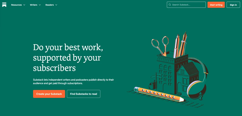 Page d'accueil de la plateforme de blogs Substack