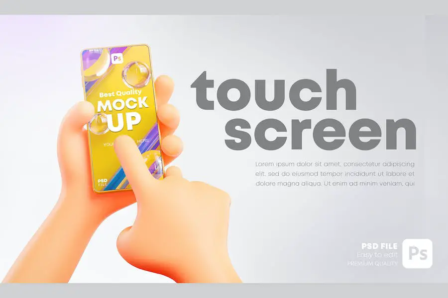 Mockup di telefono carino che tiene e tocca la mano -