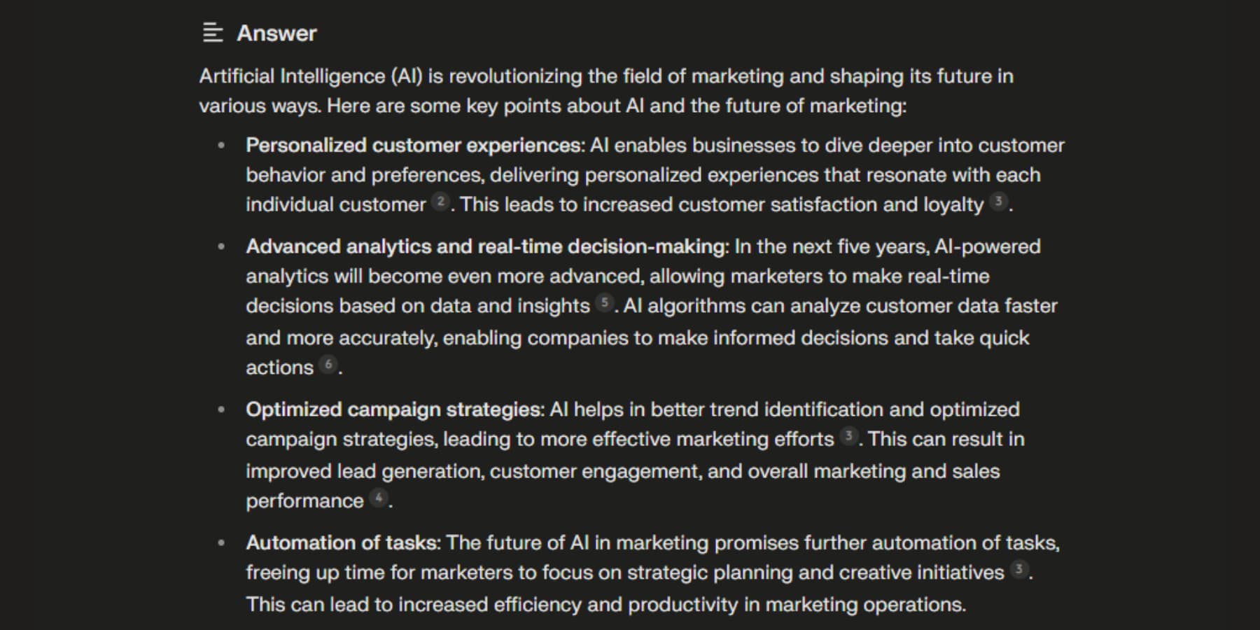 Ein Screenshot von Perplexity AI, der Fragen zu KI und der Zukunft des Marketings beantwortet