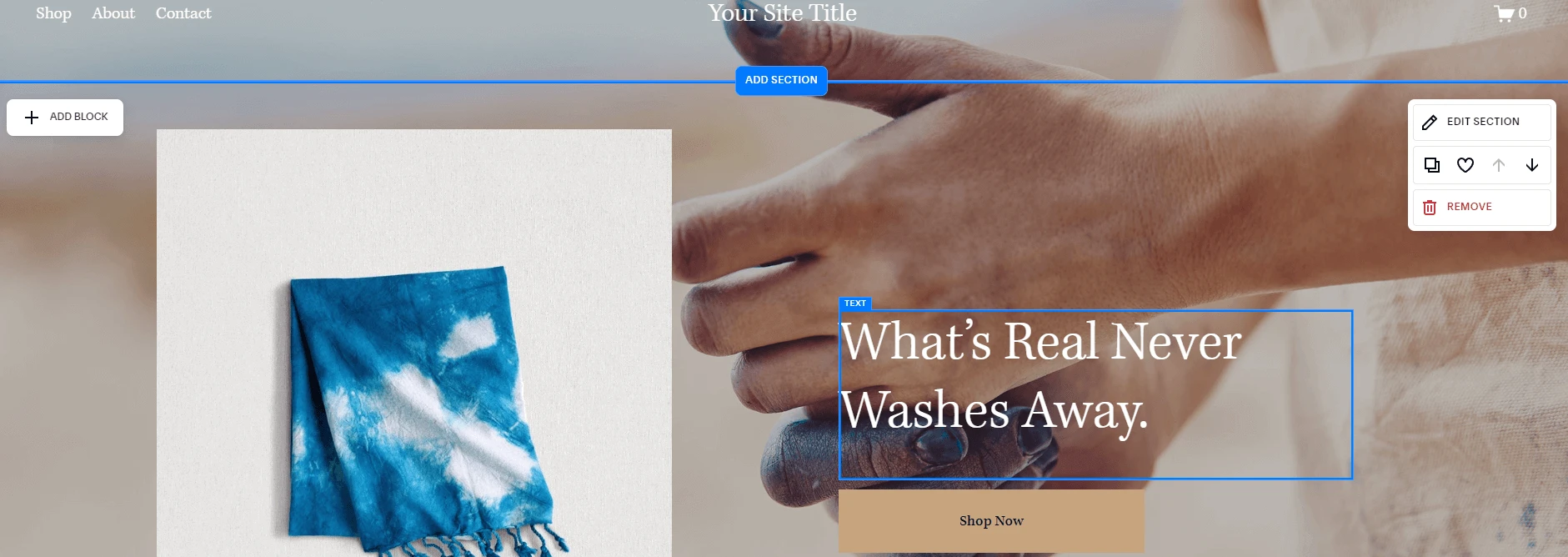 Editor Squarespace dengan header dan blok teks disorot.