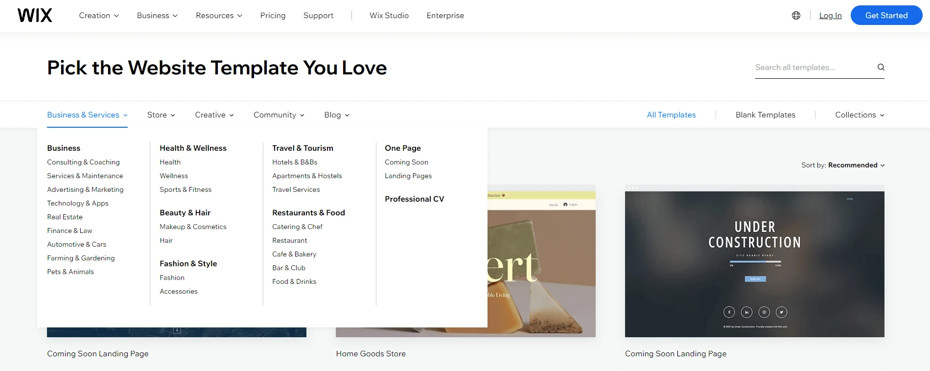 Pustaka templat Wix untuk perbandingan pembuat situs web vs WordPress.
