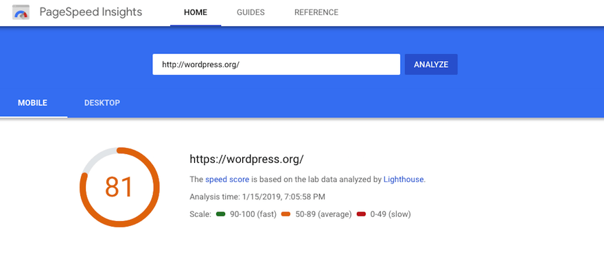 Halaman hasil dari Google PageSpeed ​​Insights.