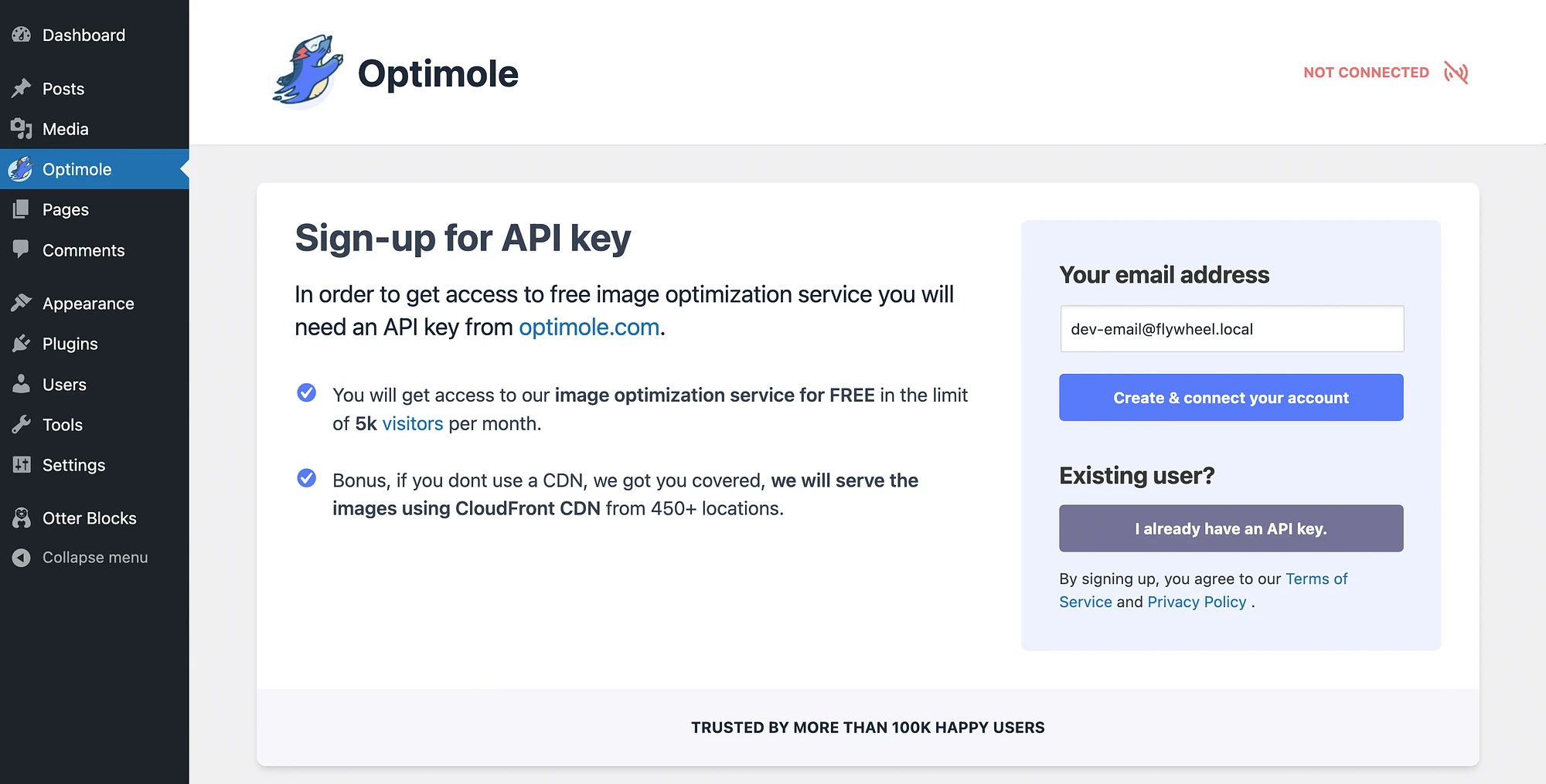 Bir API anahtarı kullanarak WordPress'i Optimole'e bağlayın.