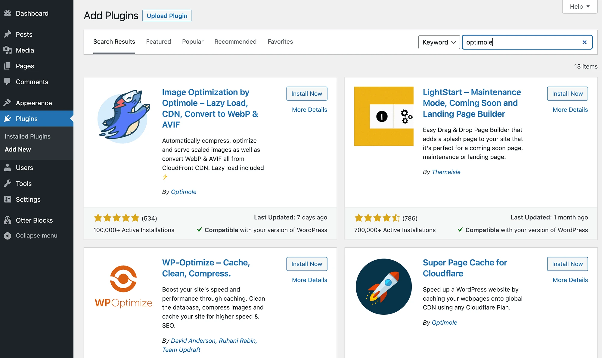 Optimole eklentisini WordPress kontrol panelinize yükleyin.