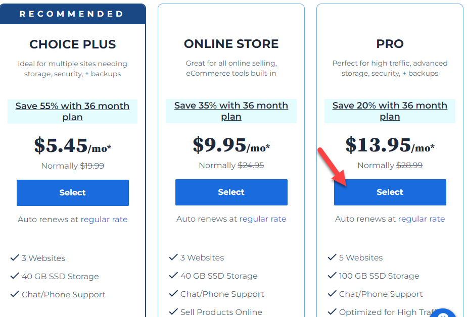 wybierz plan bluehost pro