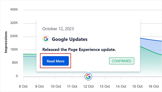 Clicando no botão Leia mais na linha do tempo de estatísticas de pesquisa da AIOSEO Clicking the Read More button on AIOSEO's Search Statistics timeline