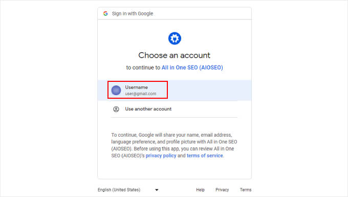 Escolhendo uma conta do Google para conectar o Google Search Console ao AIOSEO Choosing a Google account to connect Google Search Console with AIOSEO