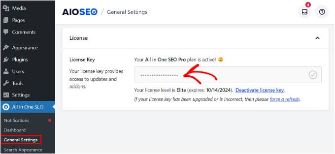 Ativando a chave de licença no AIOSEO Activating the license key on AIOSEO