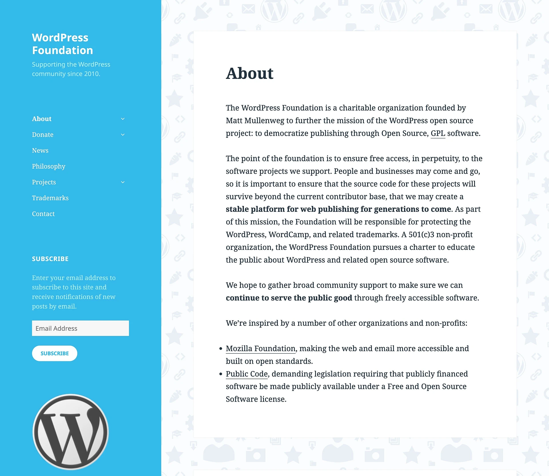 Il sito web della WordPress Foundation mostra una risposta a chi possiede WordPress.