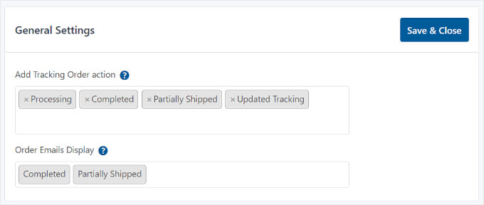 Abschnitt „Allgemeine Einstellungen“ der erweiterten Sendungsverfolgung Advanced Shipment Tracking's General Settings section