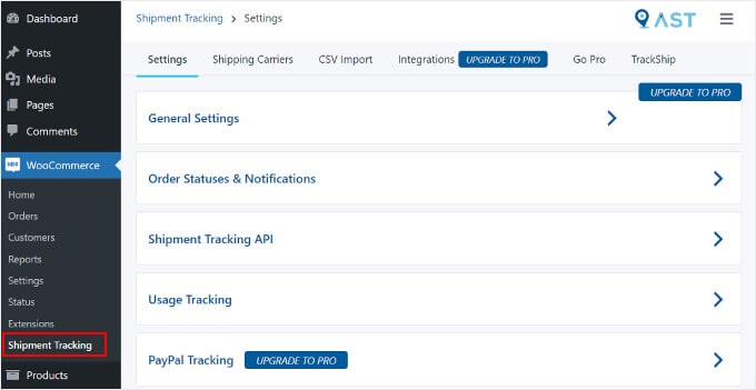 Öffnen der Plugin-Seite „Erweiterte Sendungsverfolgung“ in WordPress Opening the Advanced Shipment Tracking plugin page on WordPress