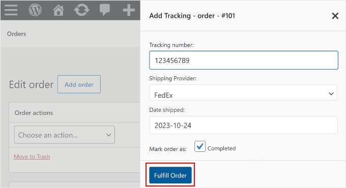 Füllen Sie die Tracking-Informationen einer Bestellung auf der Seite „Bestellungen“ aus Filling out an order's tracking information on the Orders page