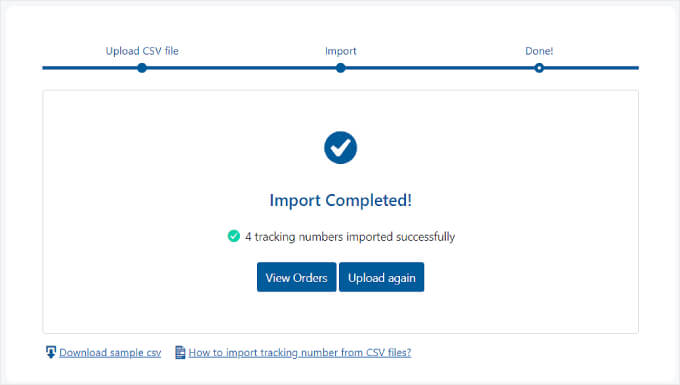 Die Meldung „Import abgeschlossen“ des Plugins „Erweiterte Sendungsverfolgung“. The Import Completed message by the Advanced Shipment Tracking plugin